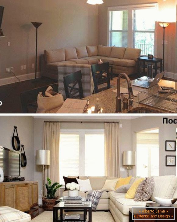 Varianten der Anordnung der Möbel in einem Salon auf einem Foto vor und nach