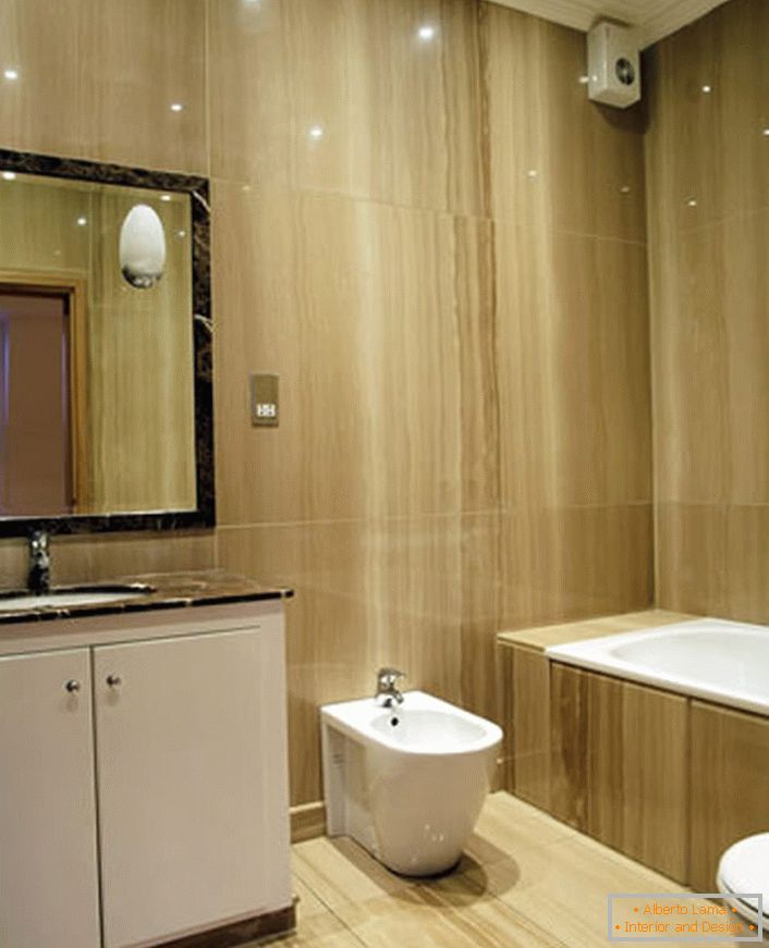 Lakonisches Interieur des Badezimmers im Stil des Minimalismus passt organisch in einen kleinen Raum.