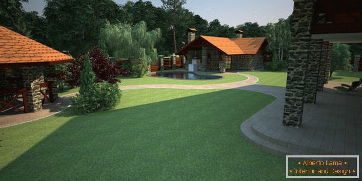 Die Gestaltung des Hofes des Landhauses erfolgt unter Berücksichtigung der Landung des englischen Rasens. 