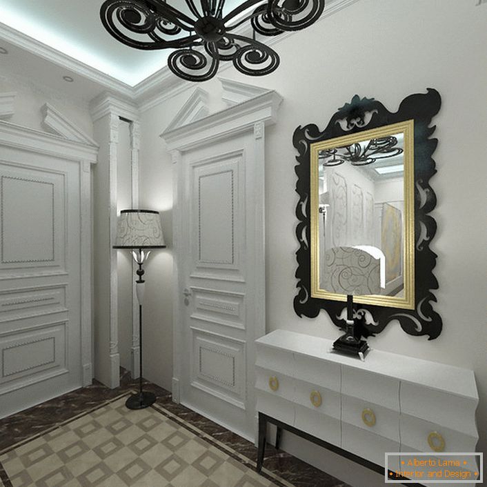 Art-Deco-Stil mag helle Schattierungen im Innenraum. Der Eingang, der in Weiß verziert ist, ist für korrekt ausgewählte dekorative Kontrastelemente bemerkenswert.