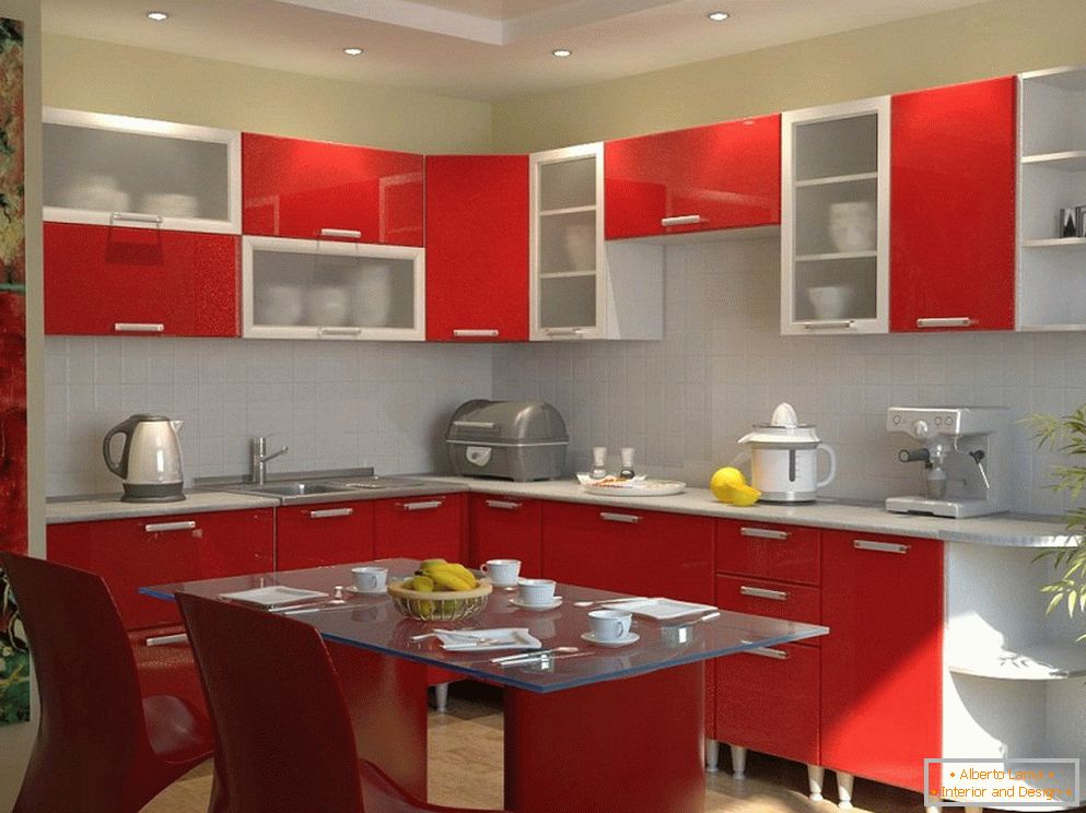 Küchenmöbel mit einer roten Fassade
