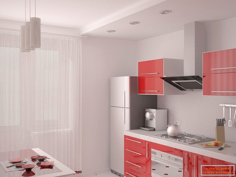 Heller Innenraum mit roter Küche