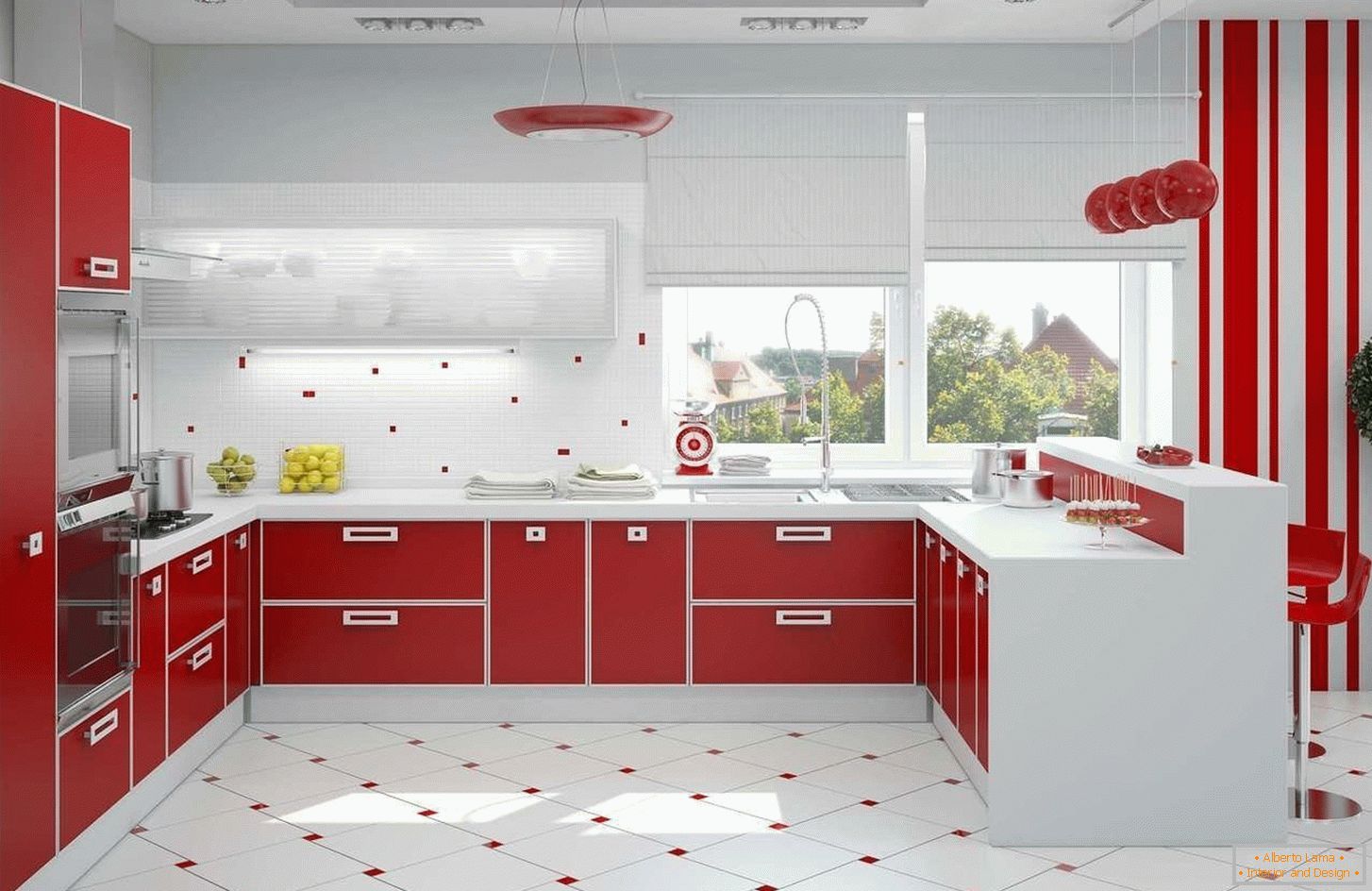 Roter und weißer Kücheninnenraum