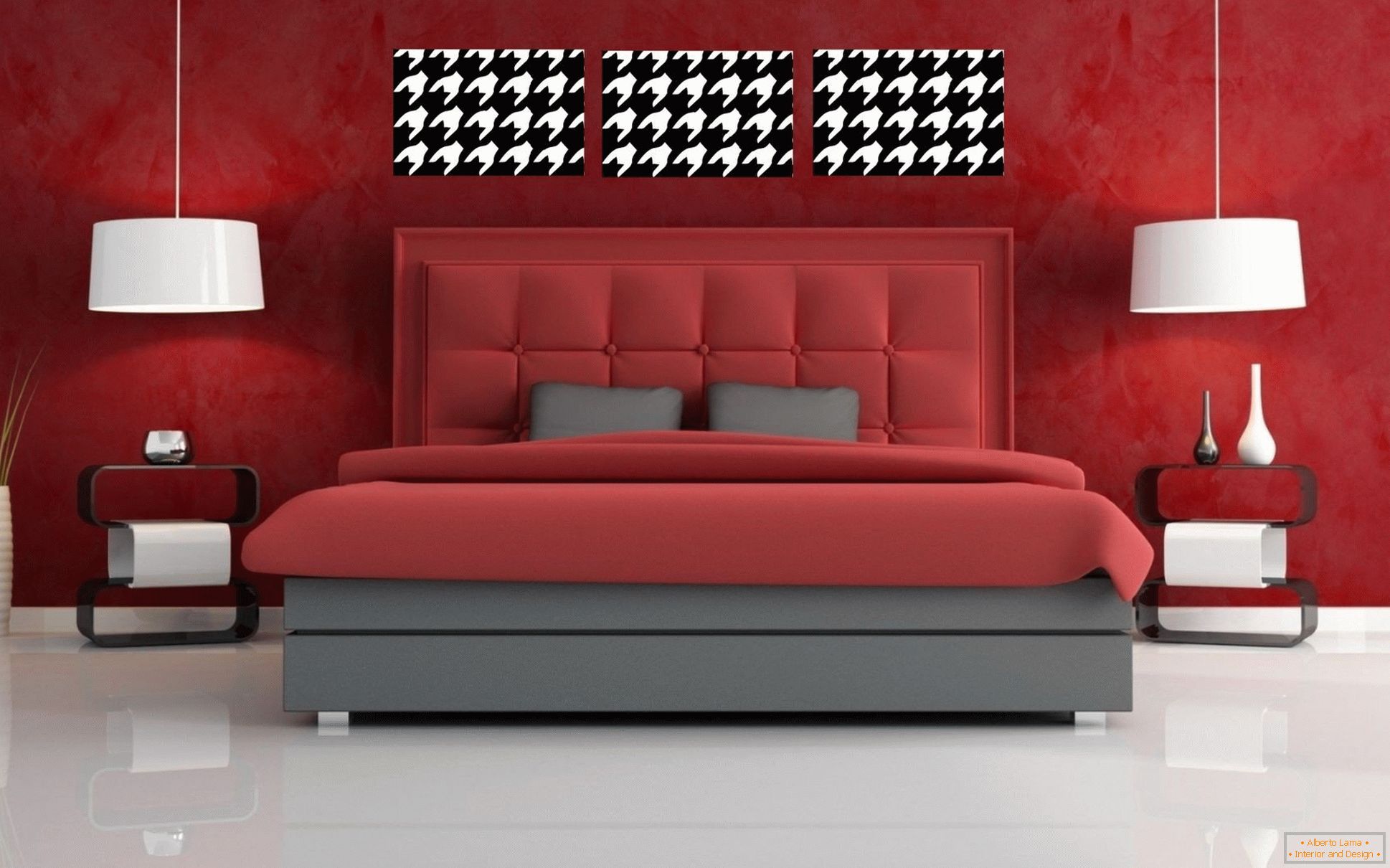 Weißer Boden und rote Wände im Schlafzimmer