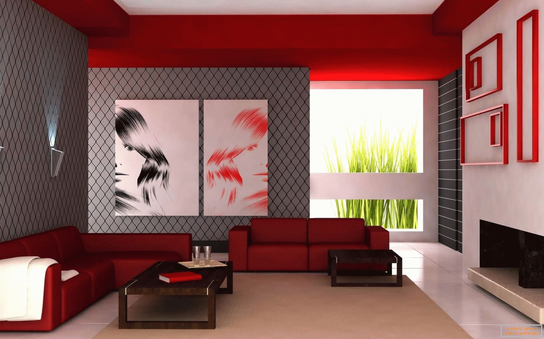 Die Kombination von weißen, roten und grauen Farben im Wohnzimmer