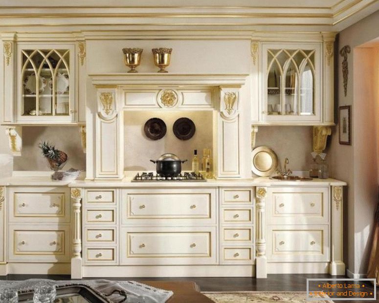 klassisch-weiß-gold-holz-kleiderschrank-für-küche-design vorhang-glas-fenster-ecke beleuchtung-über-herd-wie-gut-braun-floral-teppich-auf-dunkel-holzboden-jpg
