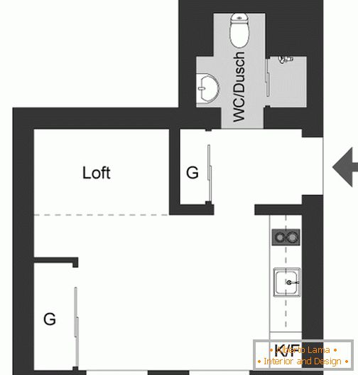 Innenarchitektur einer Wohnung von 22 Quadratmetern im skandinavischen Stil