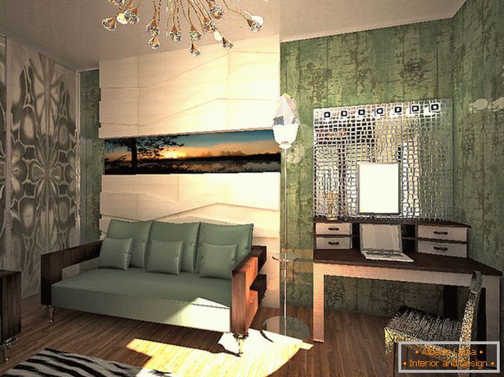 Goldglanz in Kombination mit den Kristallelementen verleiht dem Wohnzimmer im Hi-Tech-Stil eine hervorragende Beleuchtungsoption. 