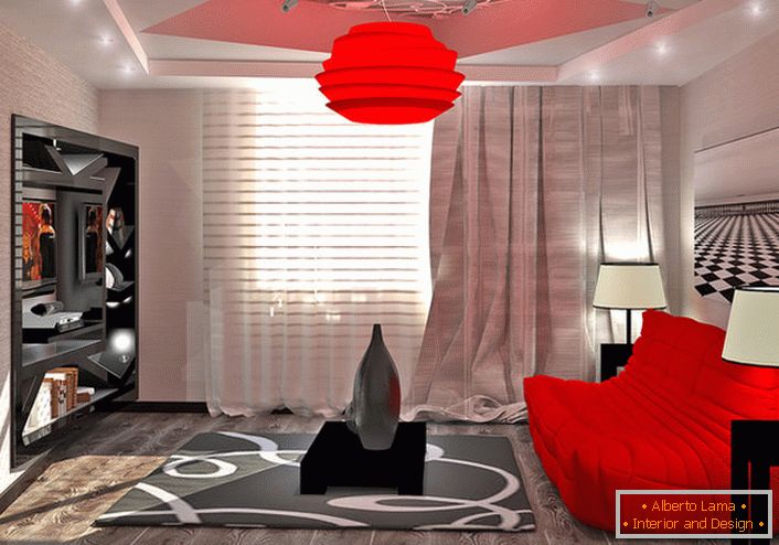 Kronleuchter im Stil von High-Tech-helle scharlachrote Farbe Echo mit richtig ausgewählten Möbeln.