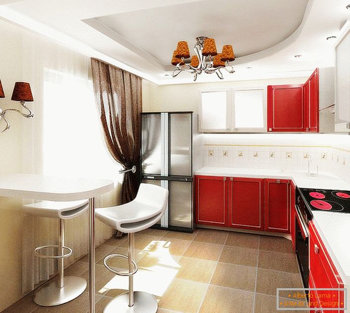 Entwurfsprojekt für die Küche in einer gewöhnlichen Wohnung in Moskau. Kontrastreiche Kombination von Farben, funktionale Möbel, nicht mit Möbeln belastet, lakonische Beleuchtung - Indizes von tadellosen Stil des Eigentümers der Wohnung.