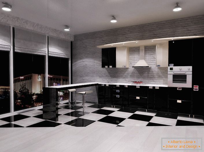 Küche im Stil des Minimalismus in der Studio-Wohnung mit Panoramafenstern ist eine ausgezeichnete Wahl für Leute, die Raum und Freiheit der Aktion lieben.