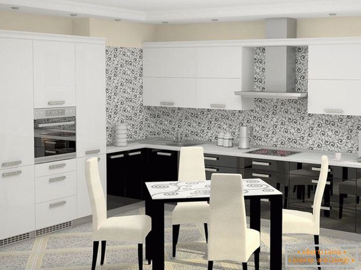 Eine weiß-schwarze Küche im High-Tech-Stil mit Einbaugeräten wirkt organisch im Gesamtkonzept einer Designidee. 