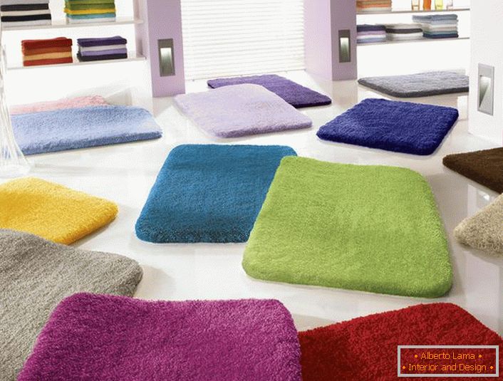 Das universelle Design des Teppichs für ein Badezimmer mit einem hohen Stapel macht es möglich, es in jedem Badezimmer zu verwenden. Die Hauptsache ist, die Farbe richtig zu bestimmen.