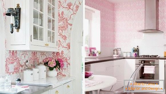 Rosa Küche mit Tapeten an den Wänden