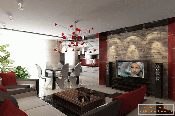 Erkennbare Möbelstücke in High-Tech-Stil für ein geräumiges Wohnzimmer mit Noten von italienischen Farben. 