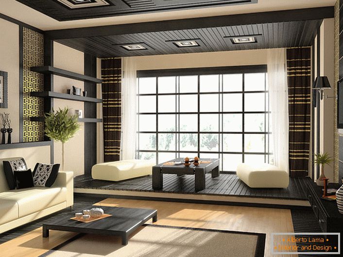 Lakonismus, Einfachheit, charakteristische Farben und Dekor des japanischen Stils im Inneren des Wohnzimmers.