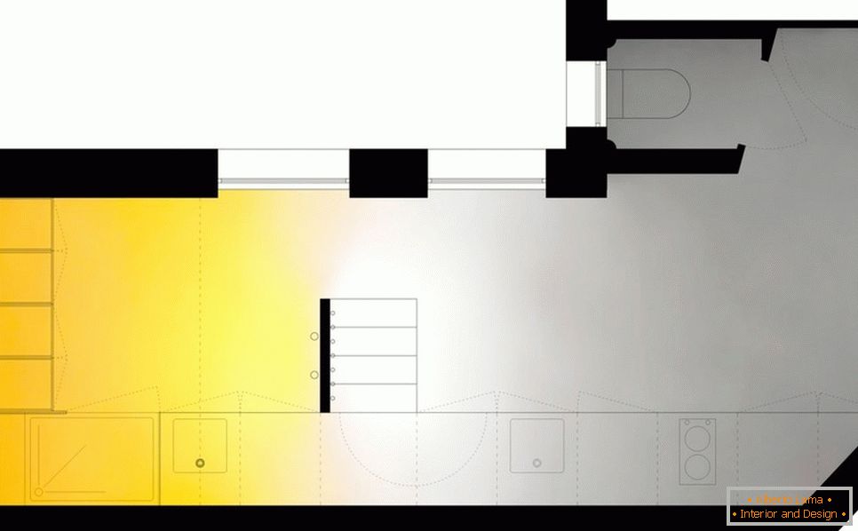 Das Layout einer schmalen Zwei-Ebenen-Studio-Wohnung