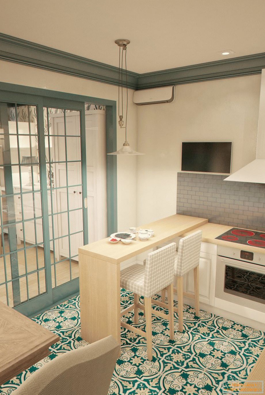 Bartheke in der Küche einer engen Studiowohnung in Russland
