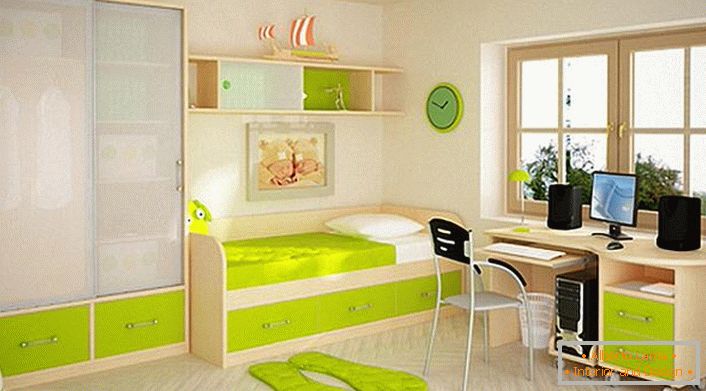 Kinderzimmer im High-Tech-Stil. In Übereinstimmung mit dem Stil der Möbel ist mit einer großen Anzahl von Schubladen und Regalen ausgestattet. Eine praktische Lösung für jedes Kind. 