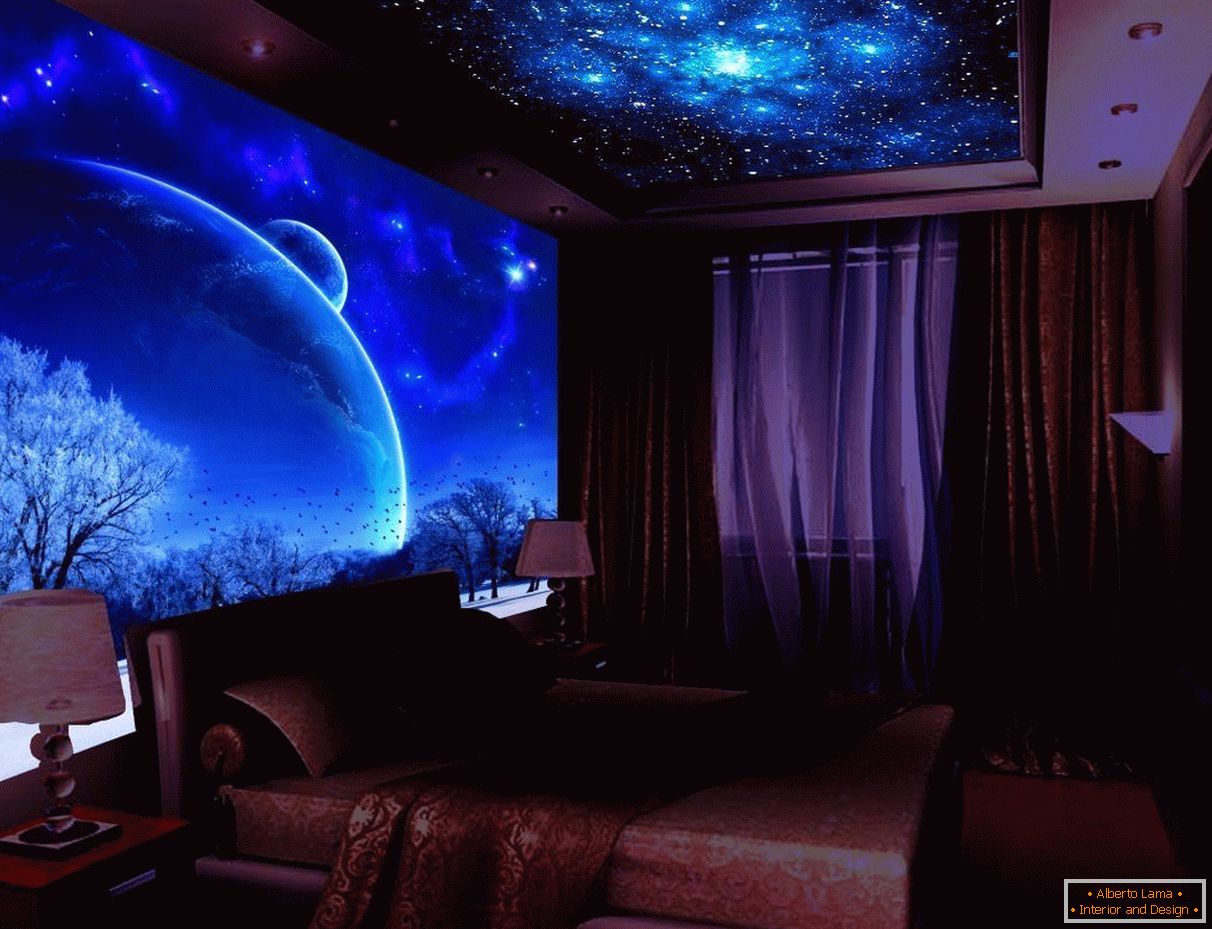 Hintergrundbeleuchtung im Schlafzimmer im Stil der Galaxie