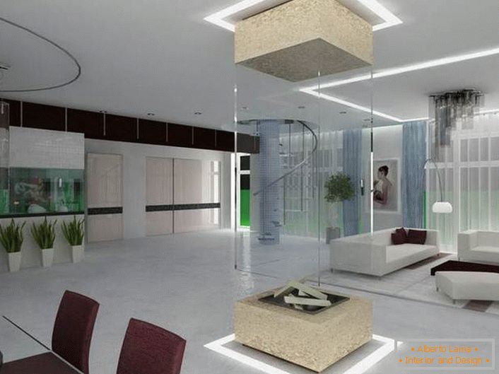 Geräumiges Studio-Apartment im High-Tech-Stil. Das innovative Design des Kamins vervollständigt das Gesamtbild der Designabsicht.