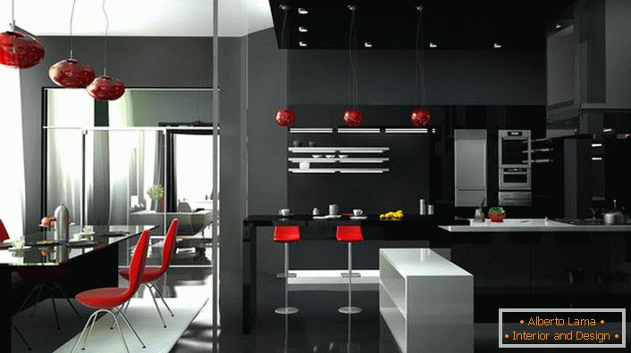 Elegantes Studiozimmer mit originalen High-Tech-Möbeln. Rote Farbe sieht immer auf dem schwarzen und weißen Hintergrund des Interieurs aus.