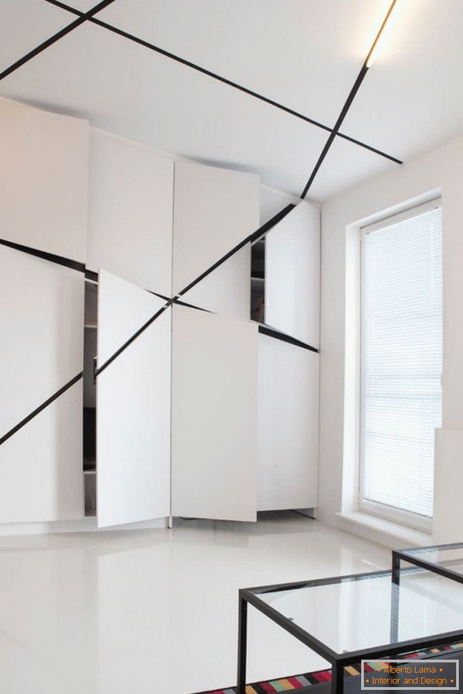 Schränke im Wohnzimmer von Studio-Apartments in Schwarz und Weiß