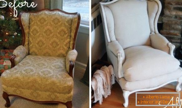 Restaurierung von Polstermöbeln - Foto von Sessel vor und nach der Reparatur