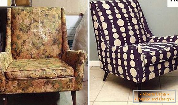 Fotos des Stuhls vor und nach der Einschnürung und Restaurierung