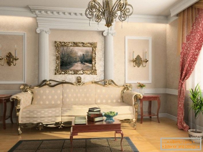In Übereinstimmung mit den Anforderungen des französischen Stils ist das Gästezimmer mit Stuckverzierungen dekoriert.