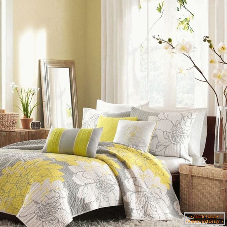liebenswert-hübsch-Blumen-Dekoration-Idee-gemischt-mit-grau-weiß-Schlafzimmer-Interieur-plus-gelb-Akzent