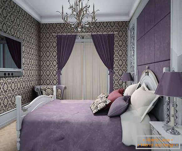 Schlafzimmer in lila Tönen - Fotos mit gemusterten Tapeten