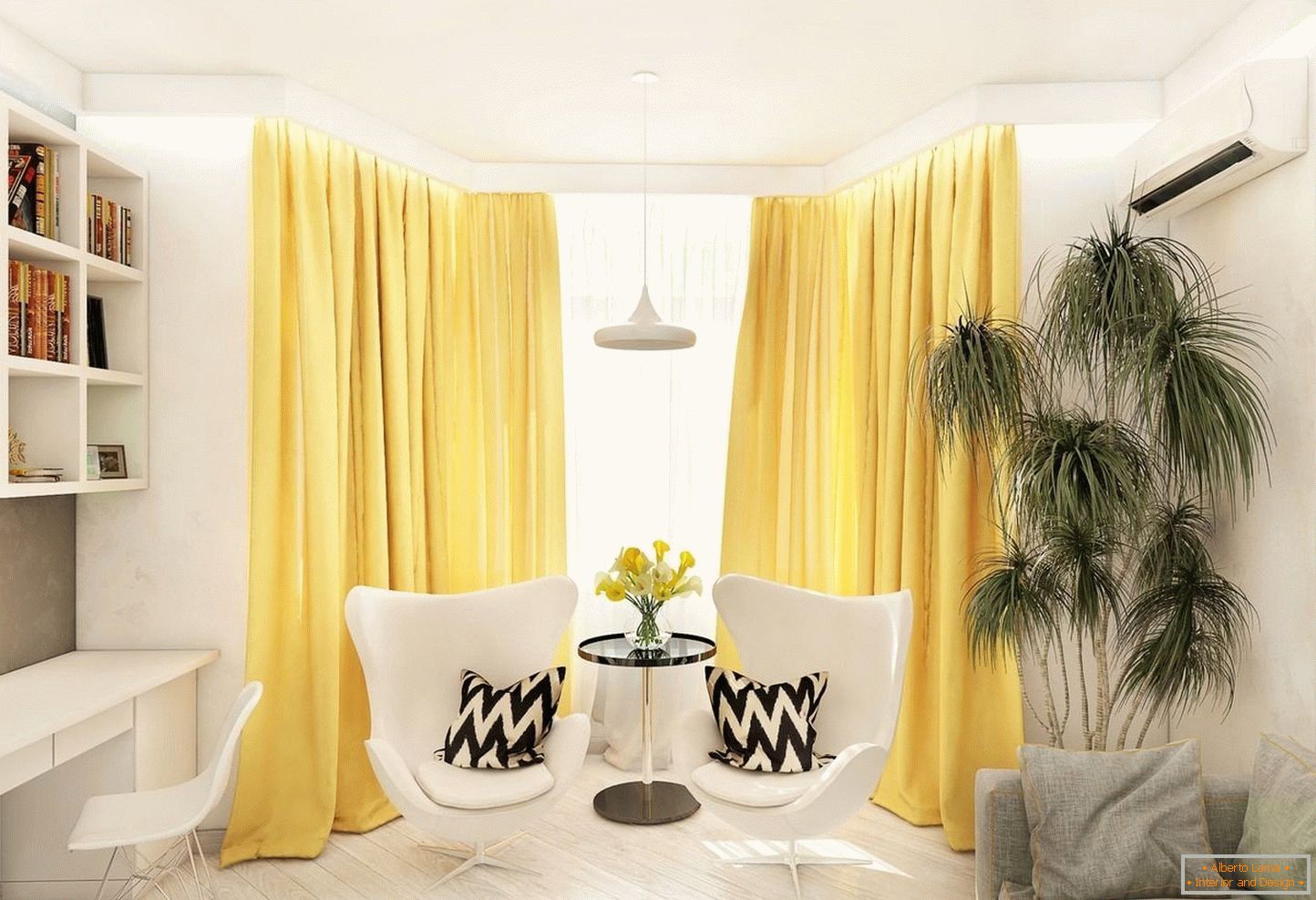 Gelbe Vorhänge im weißen Wohnzimmer