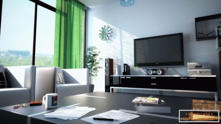hypnotisierend-Interieur-Modern-Grün-Thema-von-Gardinen-am-modernen-Wohnzimmer