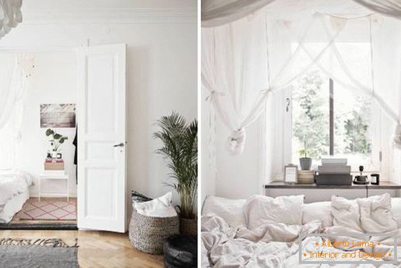 Skandinavischer Schlafzimmerinnenraum in einer kleinen Wohnung