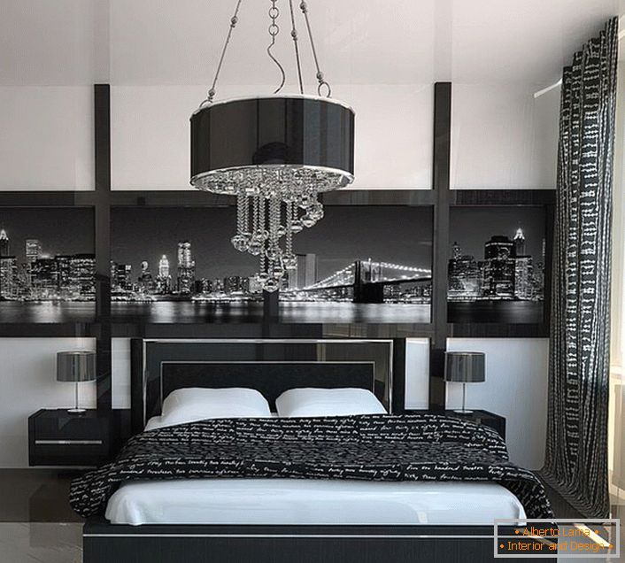 Geometrische Strenge und Strenge im Design des Schlafzimmers im Stil von High-Tech.