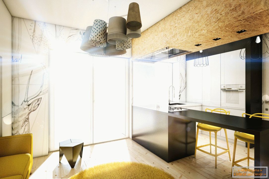 Studio-Apartment in Schwarz-Weiß mit gelben Akzenten