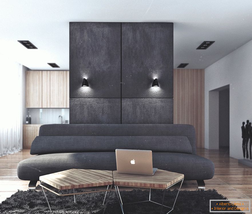 Die Kombination von Schwarz und Holz im Wohnzimmer in einer Wohnung für einen erfolgreichen Bachelor in Russland