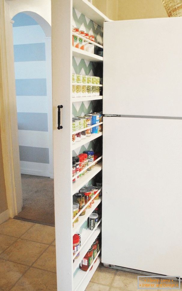 Einziehbarer Abstellraum hinter dem Kühlschrank