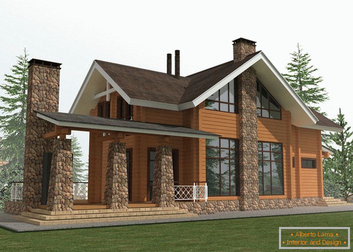 Das Designprojekt eines Landhauses im Chalet-Stil basiert auf der Verwendung für den Bau eines Holzrahmens und Natursteines.