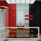 Badezimmerinnenraum in den roten, schwarzen und grauen Farben