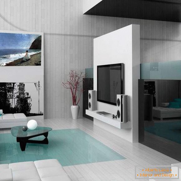 Ein kleines Wohnzimmer in einer Wohnung im High-Tech-Stil - Innenfoto