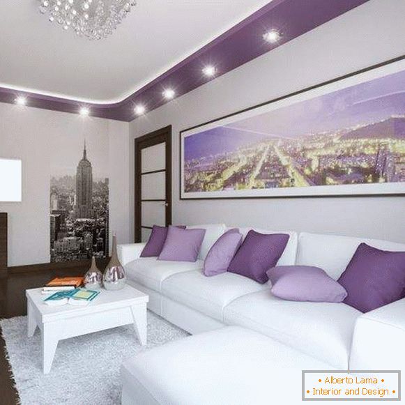 Modernes Design der Halle in der Wohnung в белом и фиолетовом цвете