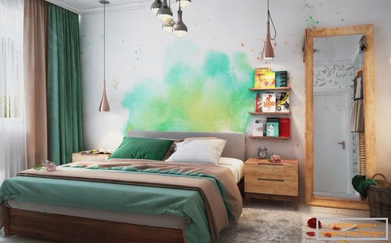 Schlafzimmer-grün-Aquarell-Wand-Kunst-Bücherregale-Groß-Spiegel