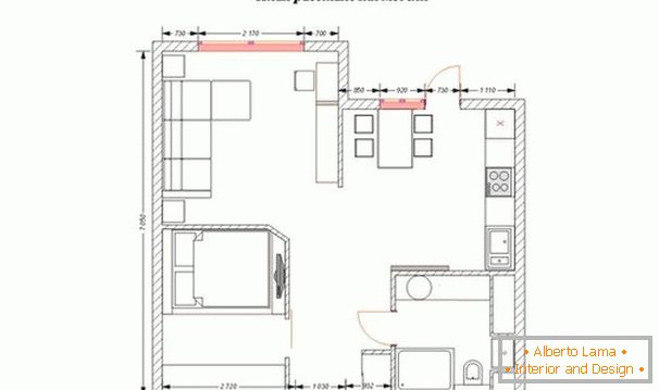 Plan der Möbelanordnung in der Studiowohnung