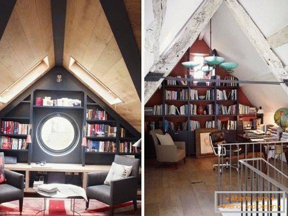 Eingebaute Bücherschränke auf dem Dachboden