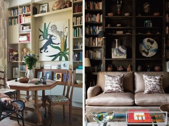 Regale mit Büchern und Dekor im Wohnzimmerdesign
