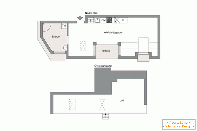 Ein-Zimmer-Wohnung in zwei Ebenen mit einer Loggia