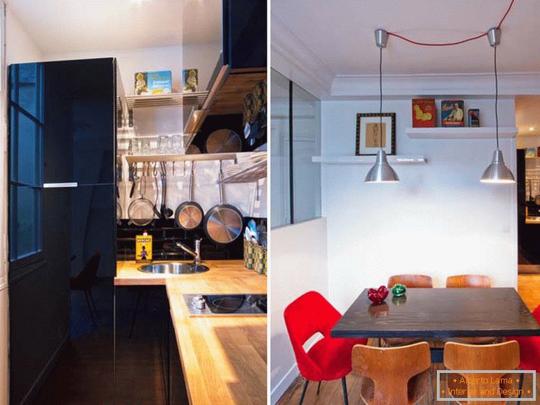 Küche und Esszimmer eines kleinen Studio-Apartment in Paris