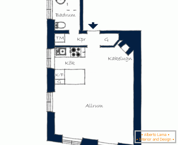 Das Layout einer Studiowohnung in Stockholm